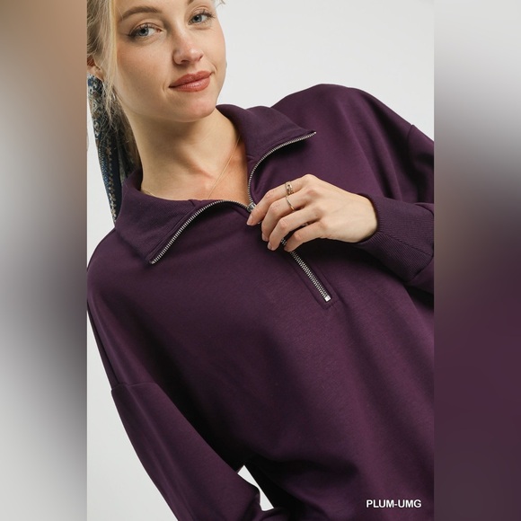 Umgee Half Zip Drop Shoulder Sweatshirt - Picture 5 of 6
